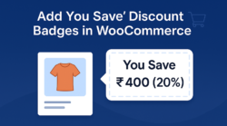 Flat digital illustration of a WooCommerce store displaying a ‘You Save’ badge with pricing and discount labels for increased sales visibility