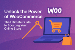 Illustration of a laptop displaying a shopping cart icon with a WooCommerce speech bubble, a key, and shopping bag, alongside the blog title “Unlock the Power of WooCommerce: The Ultimate Guide to Boosting Your Online Store” on a purple gradient background.